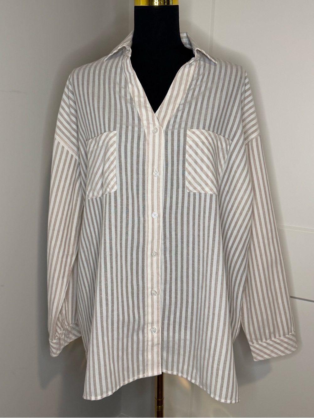 NWT Miou Muse (L) Striped Long-Sleeve Button-Up Shirt in Beige and White
